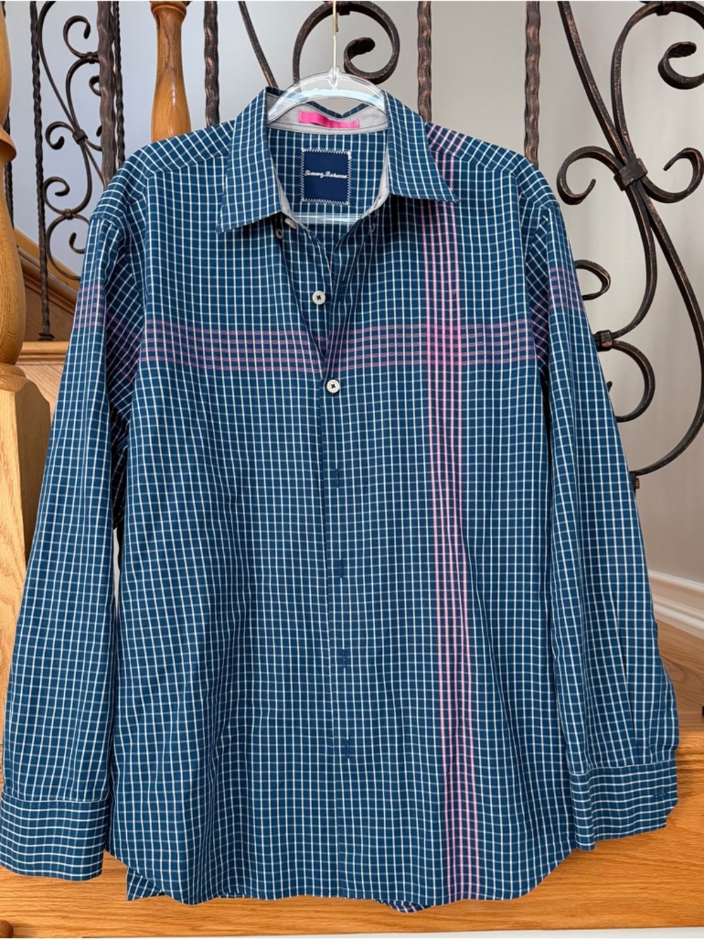 Tommy Bahama Navy Blue Checked Long-Sleeve Shirt with Pink Stripe